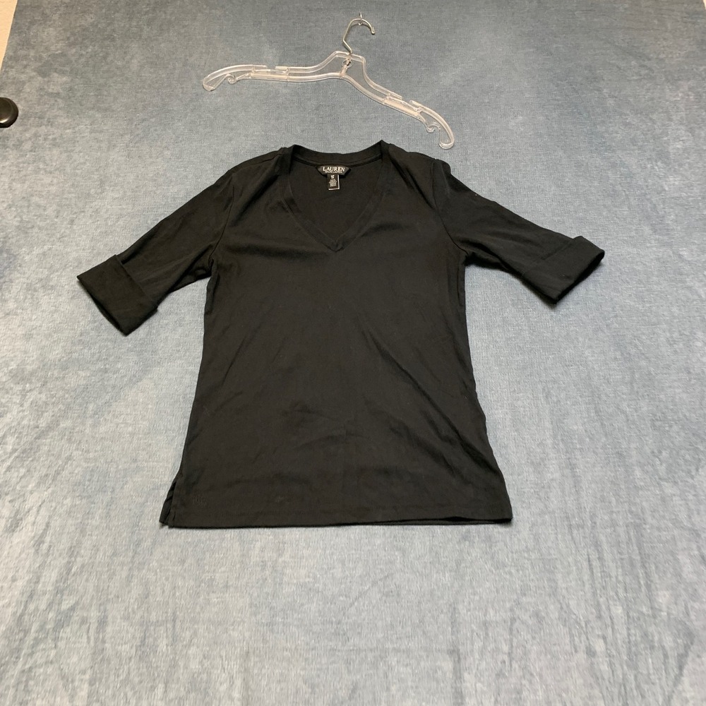 Lauren Ralph Lauren Shirt Womens Small Black Roll Tab Sleeve V Neck Side Slit